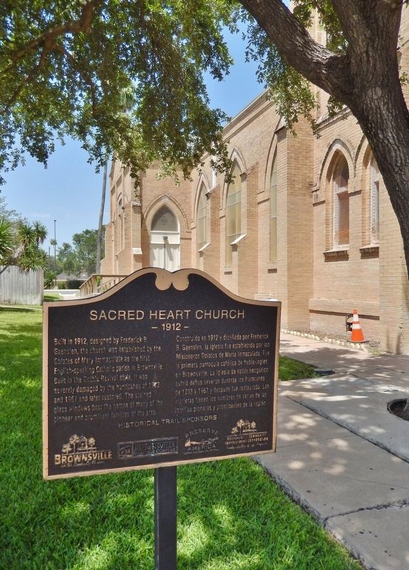 Sacred Heart Church Marker (<i>tall view; south side of church in background</i>) image. Click for full size.