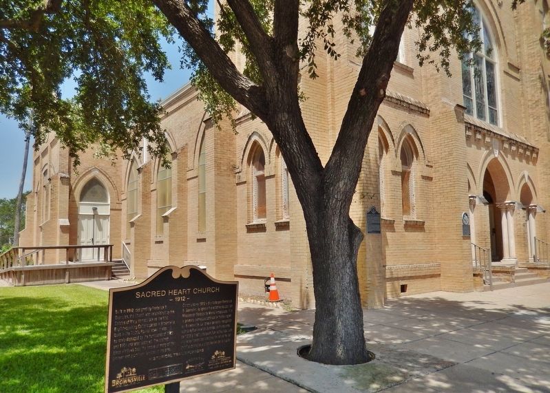 Sacred Heart Church Marker (<i>wide view; southeast corner of church in background</i>) image. Click for full size.