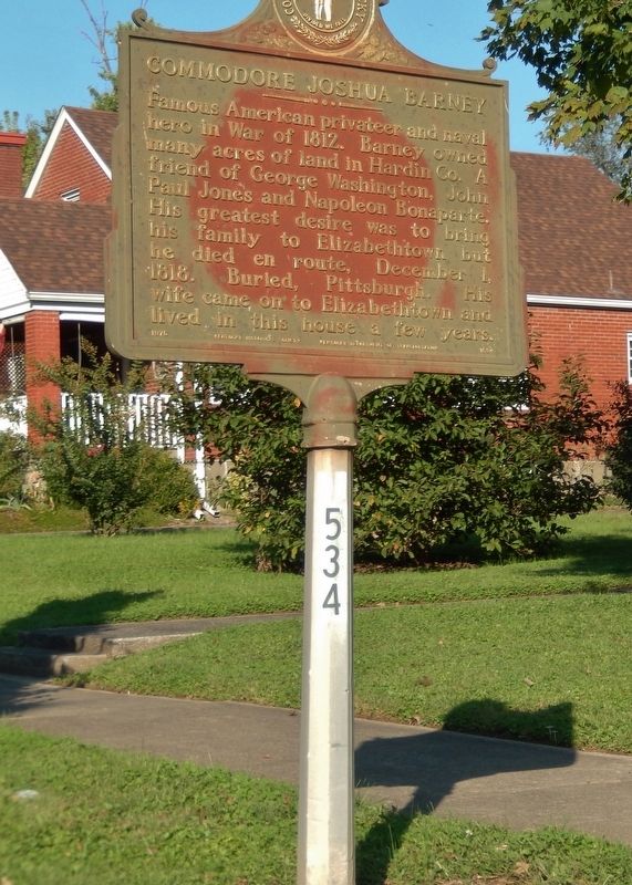 Commodore Joshua Barney / First Brick House Marker (<i>tall view</i>) image. Click for full size.