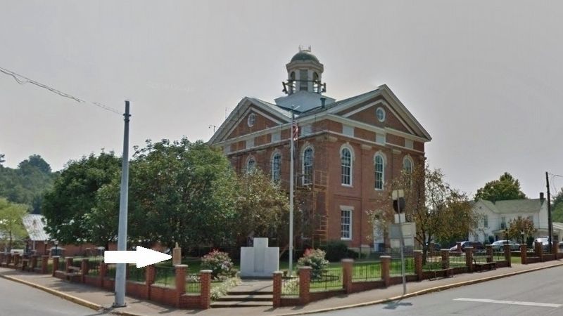 Old Hancock County Courthouse (<i>marker visible left of War Memorial Plaza</i>). Click for full size. Old Hancock County Courthouse (<i>marker visible left of War Memorial Plaza</i>) image. Click for full size.