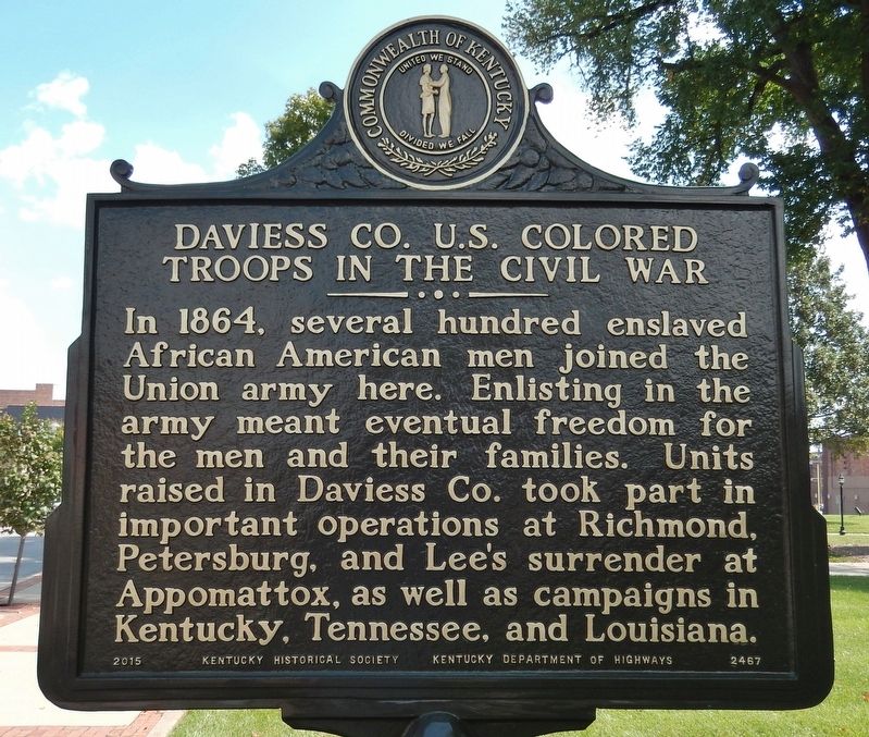 Daviess CO. U.S. Colored Troops in the Civil War Marker (<i>side 1</i>) image. Click for full size.