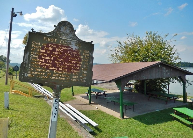 First Coal Oil Marker (<i>wide view; looking southwest along Ohio River</i>) image. Click for full size.