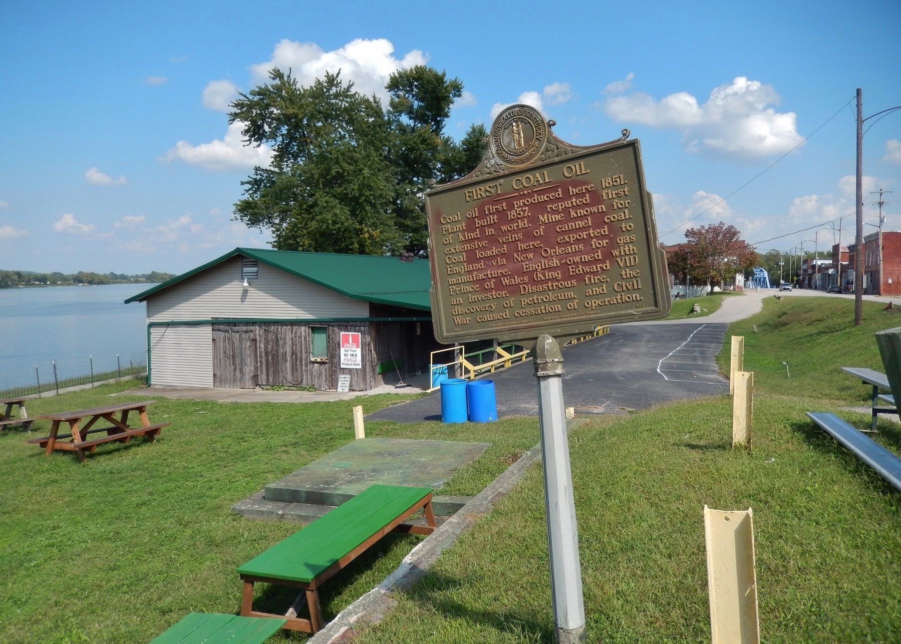 First Coal Oil Marker (<i>wide view; looking northeast across Ohio River; Main Street on right</i>) image. Click for more information.