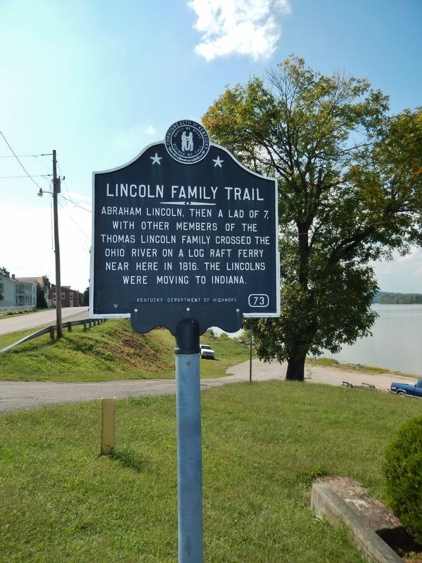Lincoln Family Trail Marker (<i>tall view; looking northwest across Ohio River</i>). Click for full size. Lincoln Family Trail Marker (<i>tall view; looking northwest across Ohio River</i>) image. Click for full size.