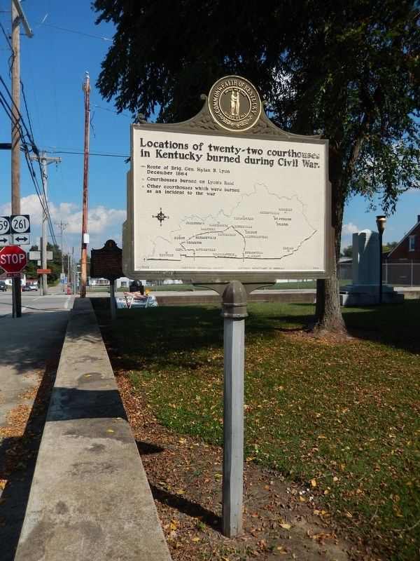 Courthouse Burned Marker (<i>tall view; side 2; looking east along 2nd Street</i>). Click for full size. Courthouse Burned Marker (<i>tall view; side 2; looking east along 2nd Street</i>) image. Click for full size.