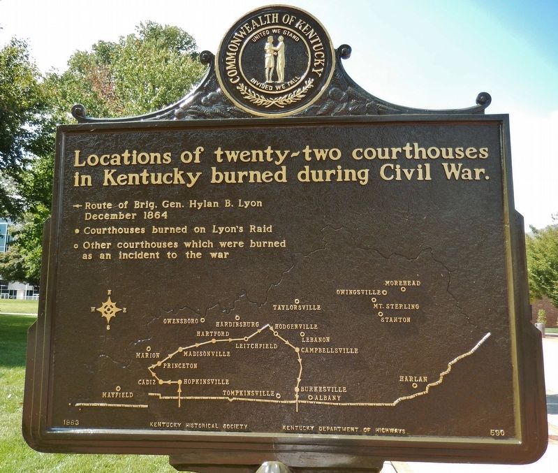 Courthouse Burned Marker (<i>side 2; map of Kentucky Courthouses burned during the Civil War</i>) image. Click for full size.