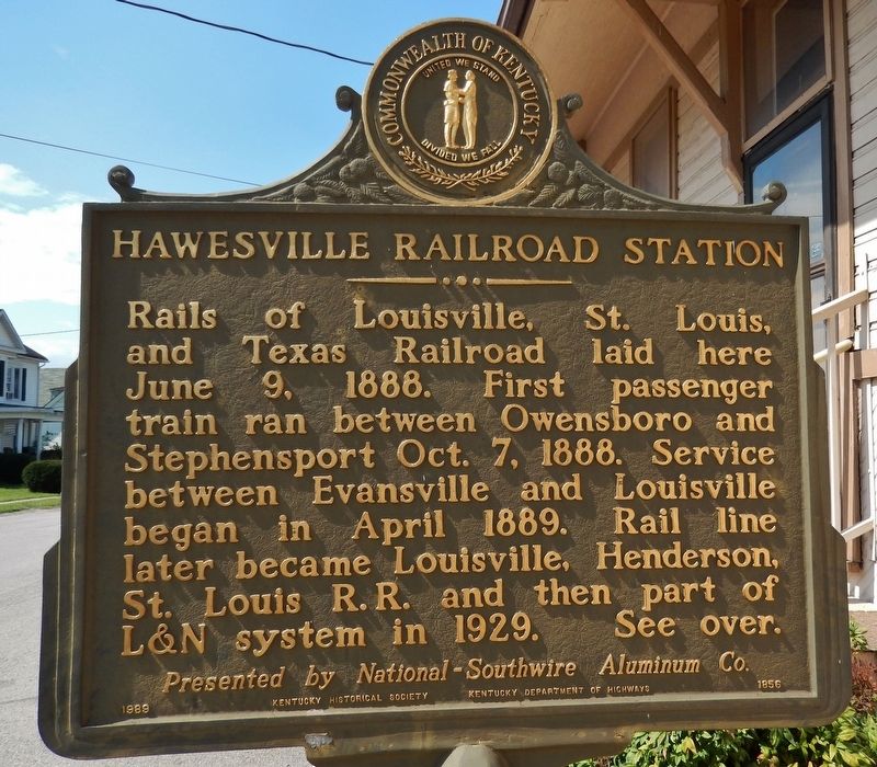 Hawesville Railroad Station Marker (<i>side 1</i>) image. Click for full size.