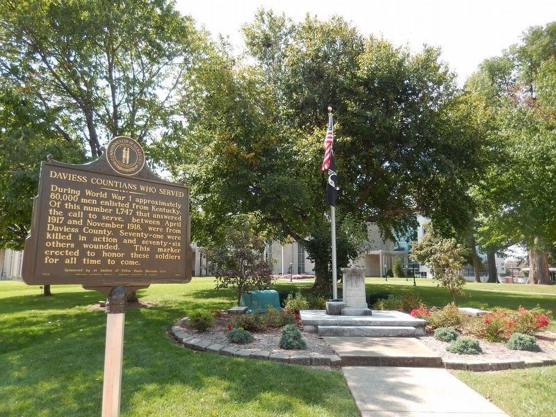 Daviess Countians Who Served Marker (<i>wide view southwest; Daviess County WWII Memorial right</i>) image. Click for full size.