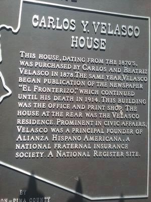Carlos Ygnacio Velasco House Marker image. Click for full size.