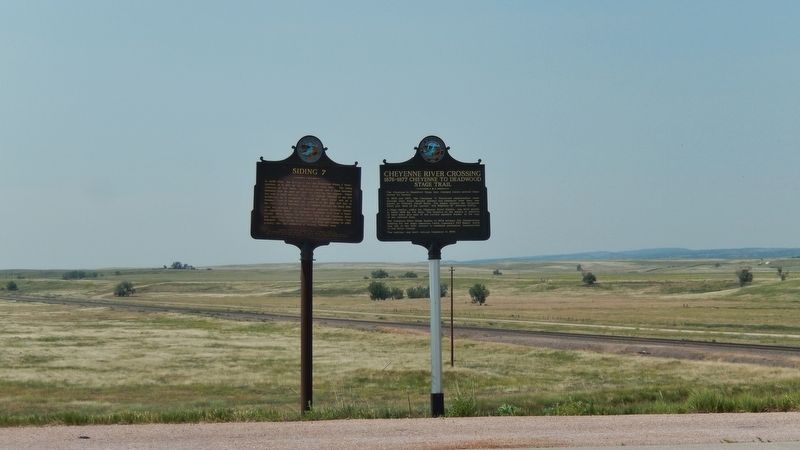 Cheyenne River Crossing Marker (<i>wide view; this marker on right; related marker on left</i>) image. Click for full size.