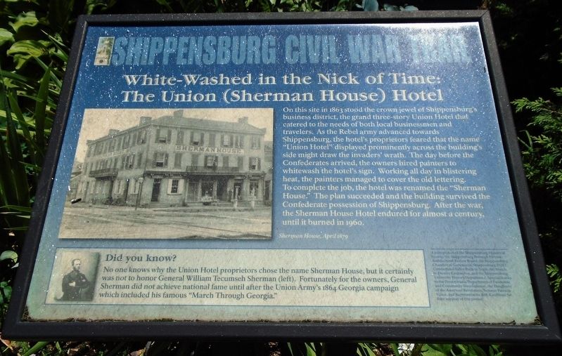 White-Washed in the Nick of Time: The Union (Sherman House) Hotel Marker. Click for more information. White-Washed in the Nick of Time: The Union (Sherman House) Hotel Marker image. Click for more information.