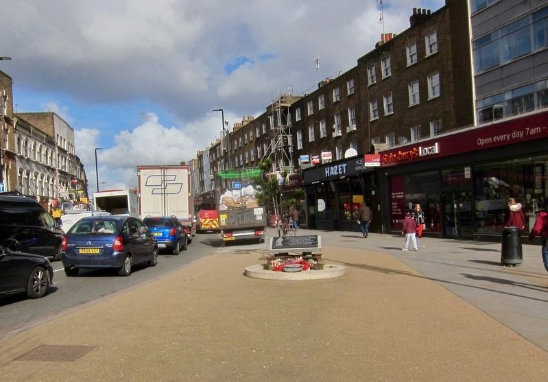 Burma Railway Memorial - wide view, looking north on Camden High Street. Click for full size. Burma Railway Memorial - wide view, looking north on Camden High Street image. Click for full size.