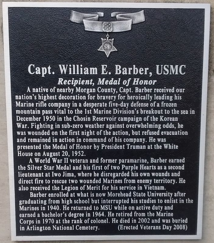 Capt. William E. Barber, USMC Marker. Click for full size. Capt. William E. Barber, USMC Marker image. Click for full size.