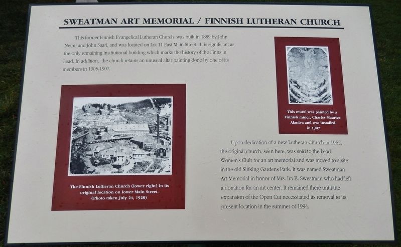 Sweatman Art Memorial / Finnish Lutheran Church Marker. Click for full size. Sweatman Art Memorial / Finnish Lutheran Church Marker image. Click for full size.