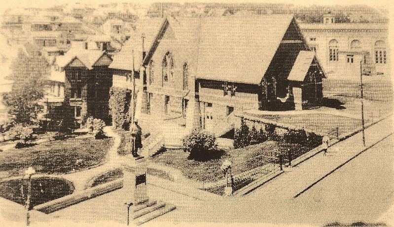 Marker detail: Christ Episcopal Church in its original location next to the U.S. Post Office image. Click for full size.