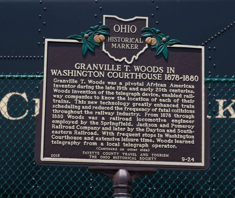 Granville T. Woods in Washington Courthouse Marker, Side One. Click for full size. Granville T. Woods in Washington Courthouse Marker, Side One image. Click for full size.