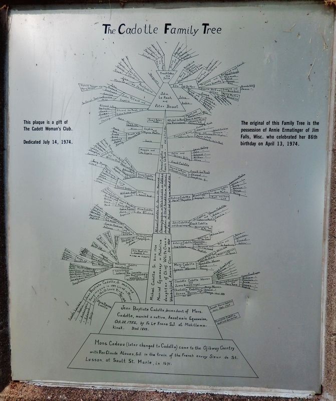 The Cadotte Family Tree Plaque (<i>on back side of marker pedestal</i>) image. Click for full size.