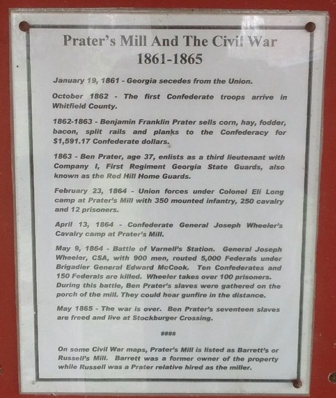Prater’s Mill and The Civil War Marker. Click for full size. Prater’s Mill and The Civil War Marker image. Click for full size.