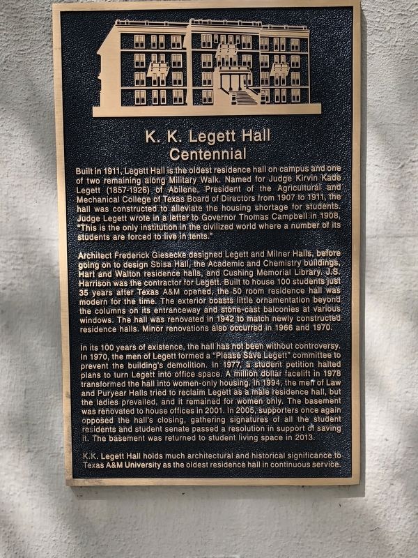 K. K. Legett Hall Centennial Marker image. Click for full size.