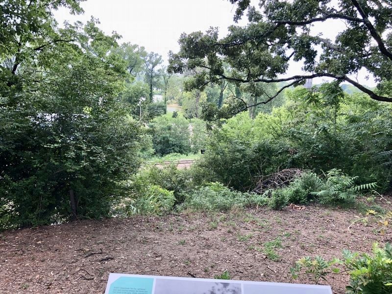 Railroad tracks can be seen below, portion of bridge below lower curved tree limb on right.. Click for full size. Railroad tracks can be seen below, portion of bridge below lower curved tree limb on right. image. Click for full size.