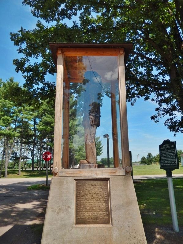 Cadott Centennial Marker (<i>tall view; marker mounted on statue pedestal</i>). Click for full size. Cadott Centennial Marker (<i>tall view; marker mounted on statue pedestal</i>) image. Click for full size.