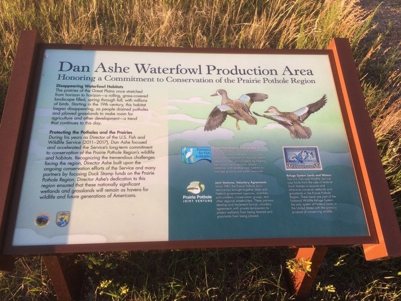 Dan Ashe Waterfowl Production Area Marker. Click for full size. Dan Ashe Waterfowl Production Area Marker image. Click for full size.