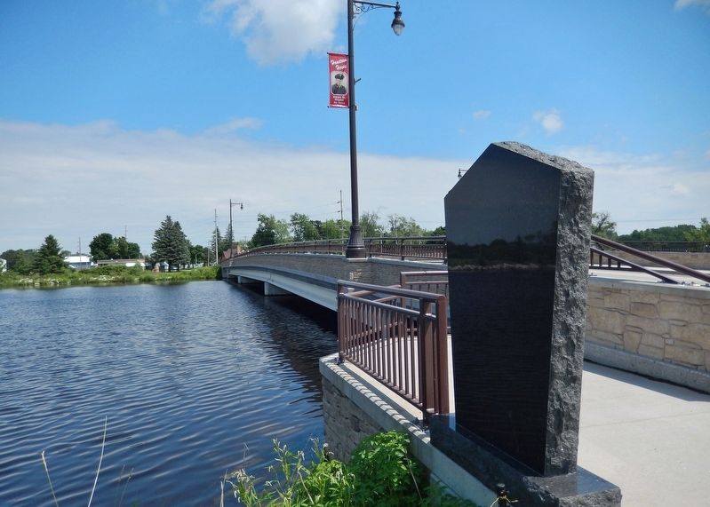 Peshtigo Fire Marker (<i>back-side view; looking east along the Peshtigo River Bridge</i>). Click for full size. Peshtigo Fire Marker (<i>back-side view; looking east along the Peshtigo River Bridge</i>) image. Click for full size.