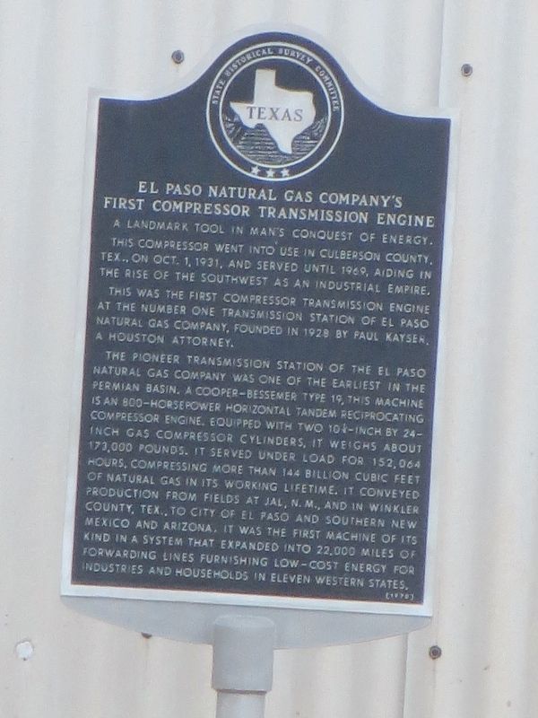 El Paso Natural Gas Company's First Compressor Transmission Engine Marker image. Click for full size.