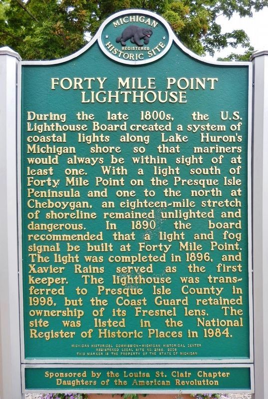 Forty Mile Point Lighthouse <br>(<i>marker side 1</i>). Click for full size. Forty Mile Point Lighthouse <br>(<i>marker side 1</i>) image. Click for full size.