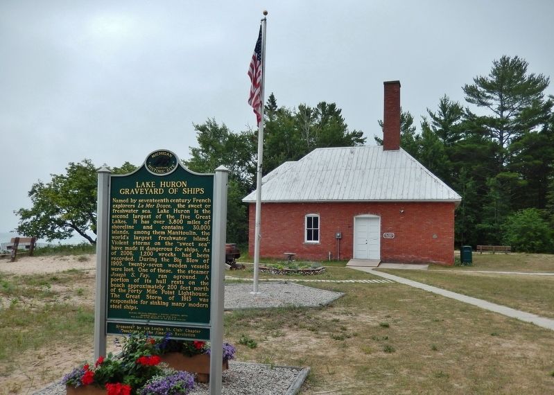 Lake Huron Graveyard of Ships (<i>marker side 2; wide view; fog signal building in background</i>). Click for full size. Lake Huron Graveyard of Ships (<i>marker side 2; wide view; fog signal building in background</i>) image. Click for full size.