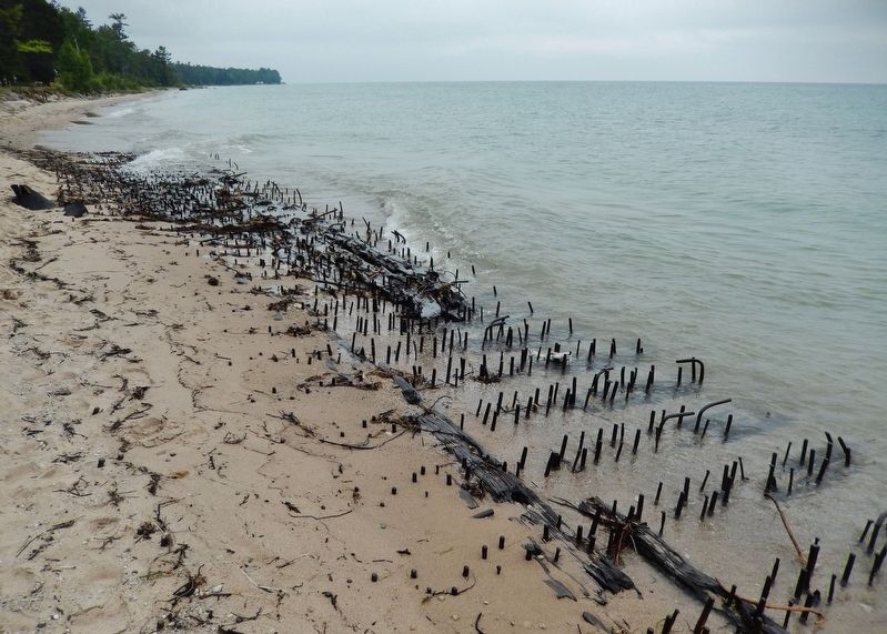 <i>S.S. Joseph S. Fay</i> shipwreck hull ruins (<i>on beach, 200 feet north of the lighthouse</i>). Click for full size. <i>S.S. Joseph S. Fay</i> shipwreck hull ruins (<i>on beach, 200 feet north of the lighthouse</i>) image. Click for full size.