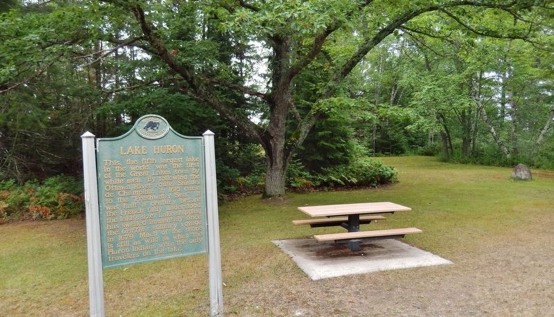 Lake Huron Marker (<i>wide view; roadside picnic table in background</i>) image. Click for full size.