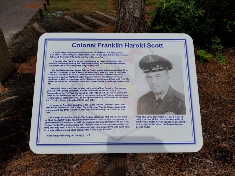 Colonel Franklin Harold Scott Marker. Click for full size. Colonel Franklin Harold Scott Marker image. Click for full size.
