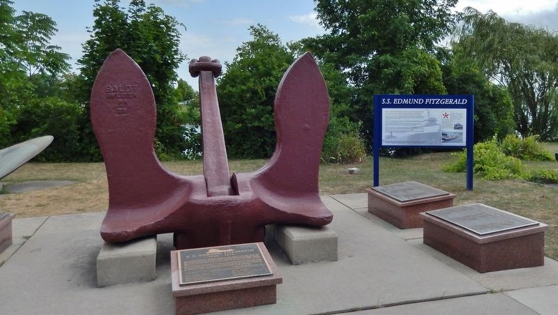 <i>S.S. Edmund Fitzgerald</i> anchor & related markers (<i>this marker visible right of anchor</i>). Click for full size. <i>S.S. Edmund Fitzgerald</i> anchor & related markers (<i>this marker visible right of anchor</i>) image. Click for full size.