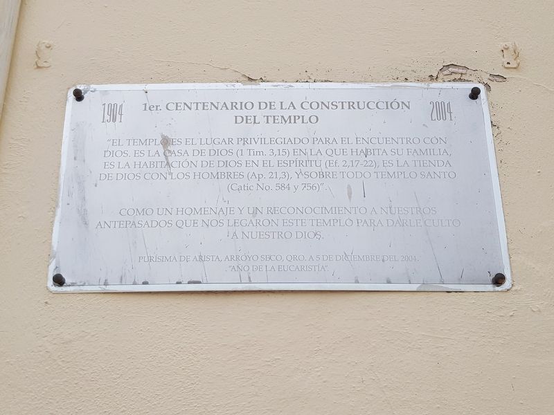 100th Anniversary of the Construction of the Temple of Purísima de Arista Marker image. Click for full size.