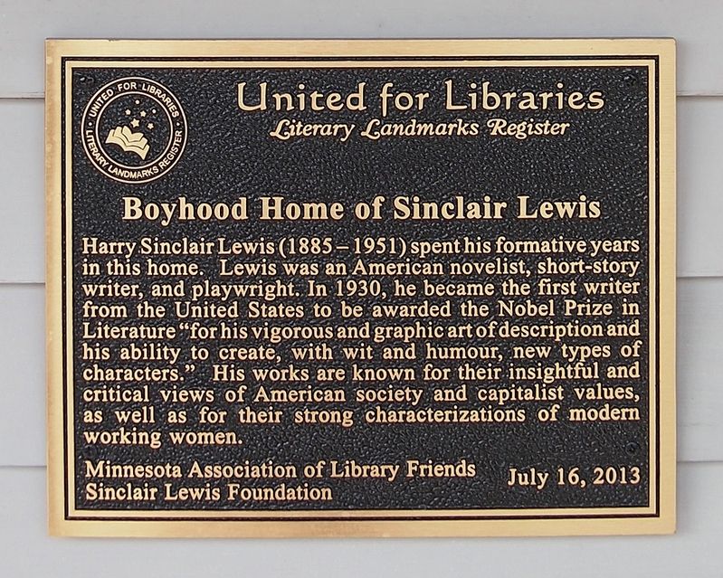 Boyhood Home of Sinclair Lewis marker image. Click for full size.