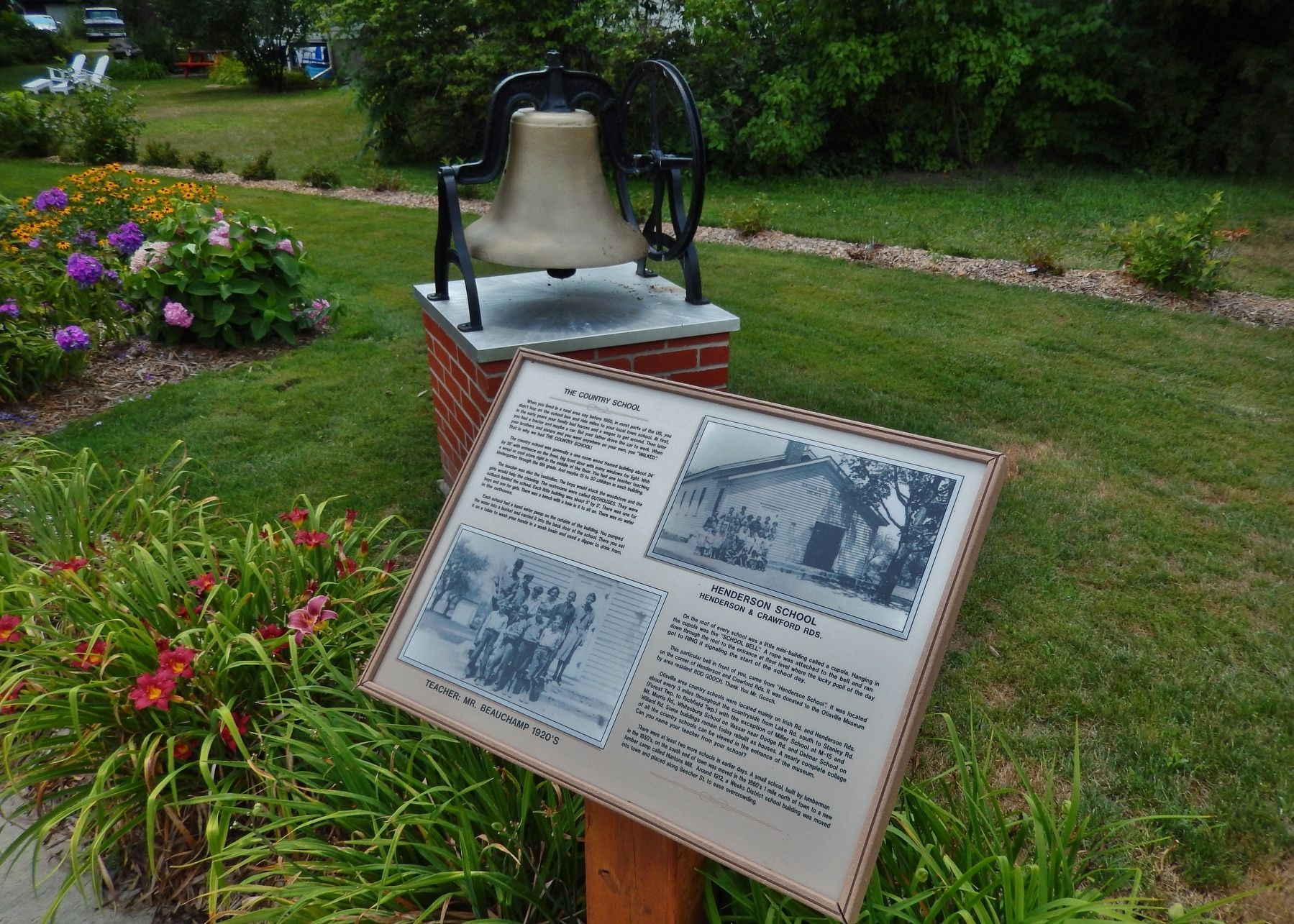 The Country School Marker (<i>wide view with Henderson School Bell in background</i>) image. Click for full size.
