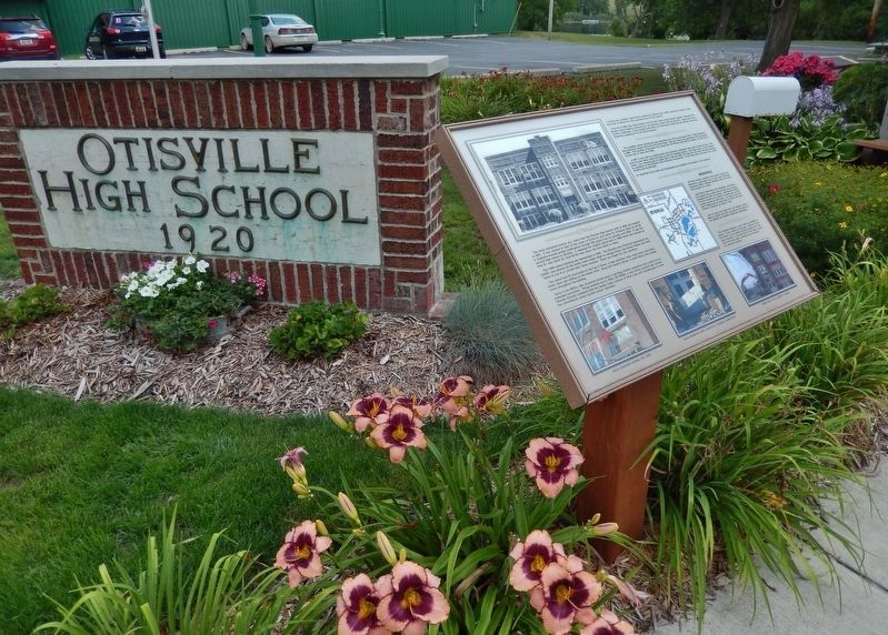 Otisville High School Marker (<i>wide view; brick monument in background</i>) image. Click for full size.