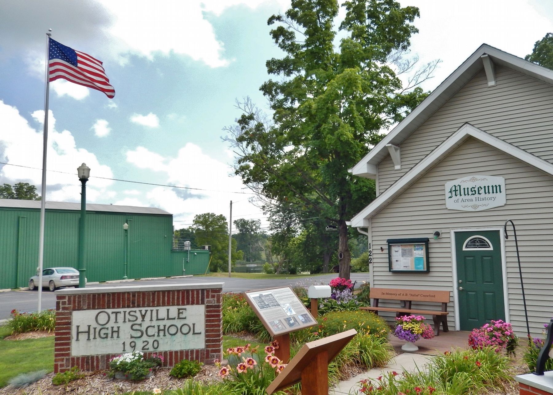 Otisville High School Marker (<i>wide view; Otisville Historical Museum in background</i>) image. Click for full size.