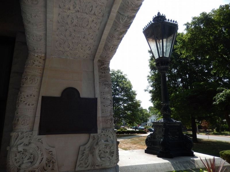 County of Wood Marker (<i>wide view; marker is mounted on side of front entry arch</i>). Click for full size. County of Wood Marker (<i>wide view; marker is mounted on side of front entry arch</i>) image. Click for full size.