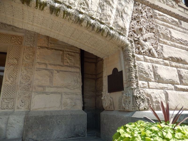 County of Wood Marker (<i>wide view; marker is mounted on side of front entry arch</i>). Click for full size. County of Wood Marker (<i>wide view; marker is mounted on side of front entry arch</i>) image. Click for full size.
