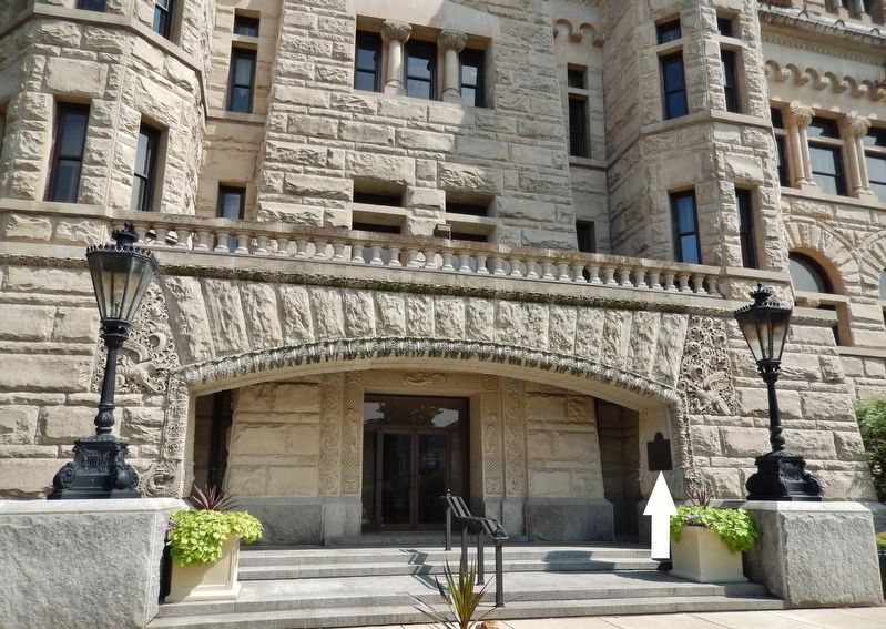 County of Wood Marker (<i>wide view; marker is mounted on right side of front entry arch</i>). Click for full size. County of Wood Marker (<i>wide view; marker is mounted on right side of front entry arch</i>) image. Click for full size.