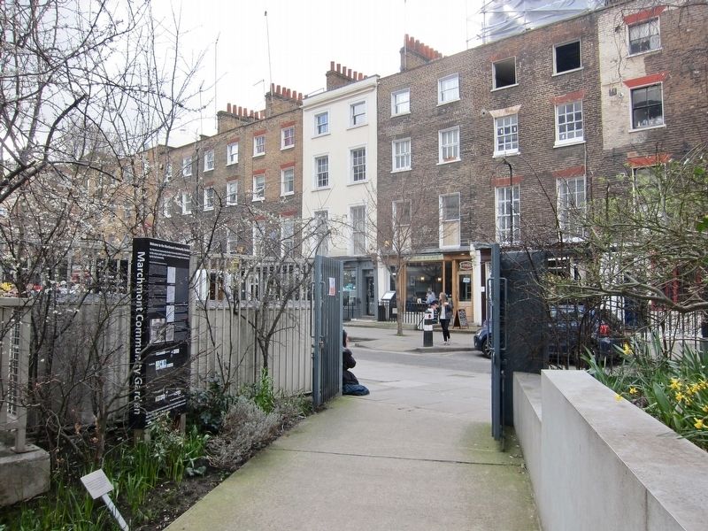 Welcome to the Marchmont Community Garden Marker - wide view, looking towards Marchmont Street. Click for full size. Welcome to the Marchmont Community Garden Marker - wide view, looking towards Marchmont Street image. Click for full size.