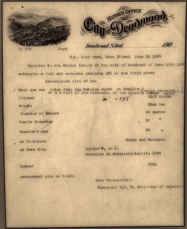 Marker detail: Letter dated June 21, 1899 regarding the provenance of the cannon. Click for full size. Marker detail: Letter dated June 21, 1899 regarding the provenance of the cannon image. Click for full size.