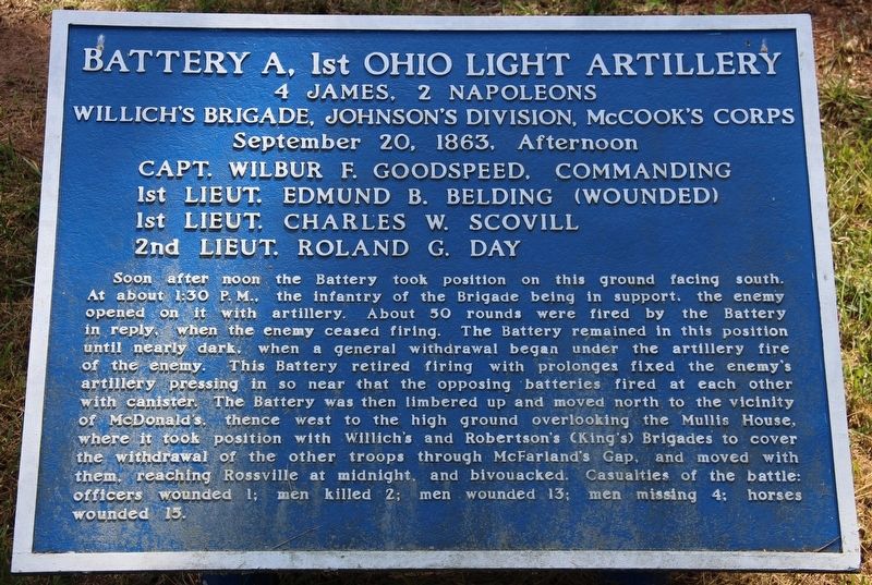 Battery A, 1st Ohio Light Artillery Marker. Click for full size. Battery A, 1st Ohio Light Artillery Marker image. Click for full size.