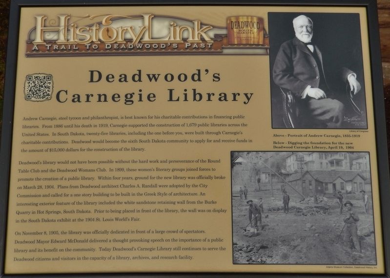 Deadwood's Carnegie Library Marker. Click for full size. Deadwood's Carnegie Library Marker image. Click for full size.