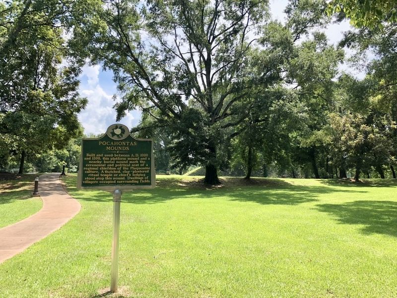 The Pocahontas Mound marker with the mound in distance on right. image. Click for full size.