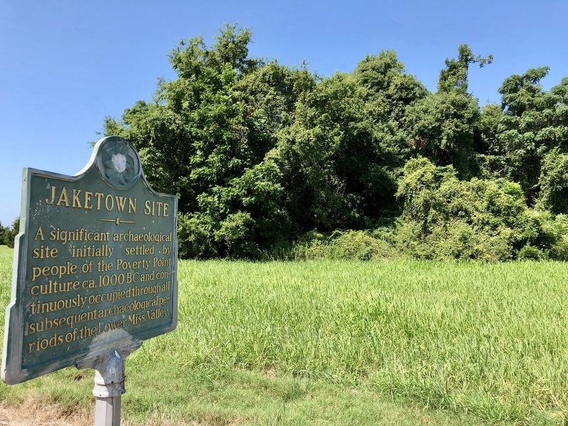View of marker looking west towards Jaketown Mound B. image. Click for full size.
