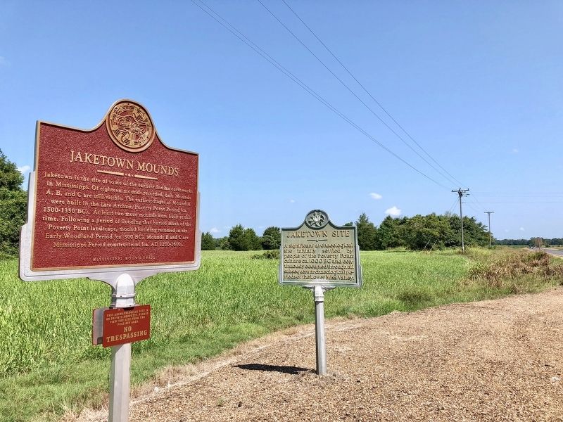 View of this marker, along with a Mississippi Mound Trail marker on Jaketown Mounds. image. Click for full size.