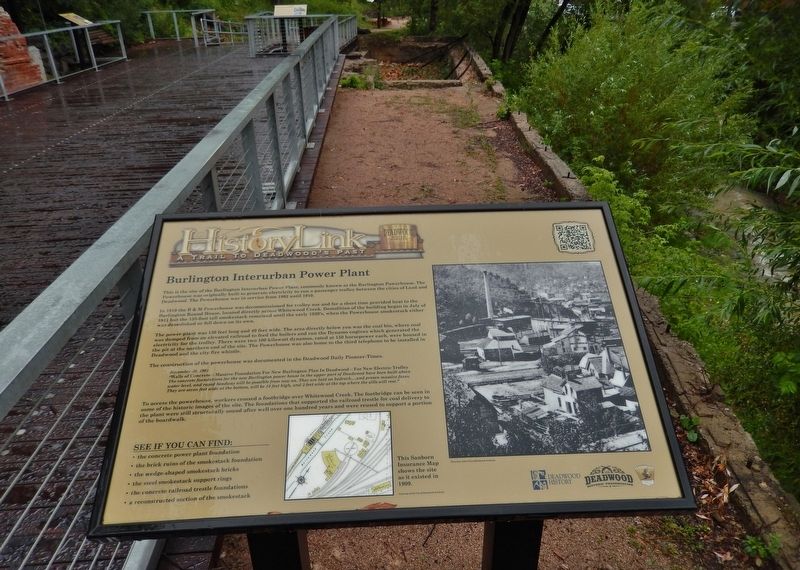 Interurban Power Plant Marker (<i>wide view; boardwalk, plant ruins & creek in background</i>) image. Click for full size.